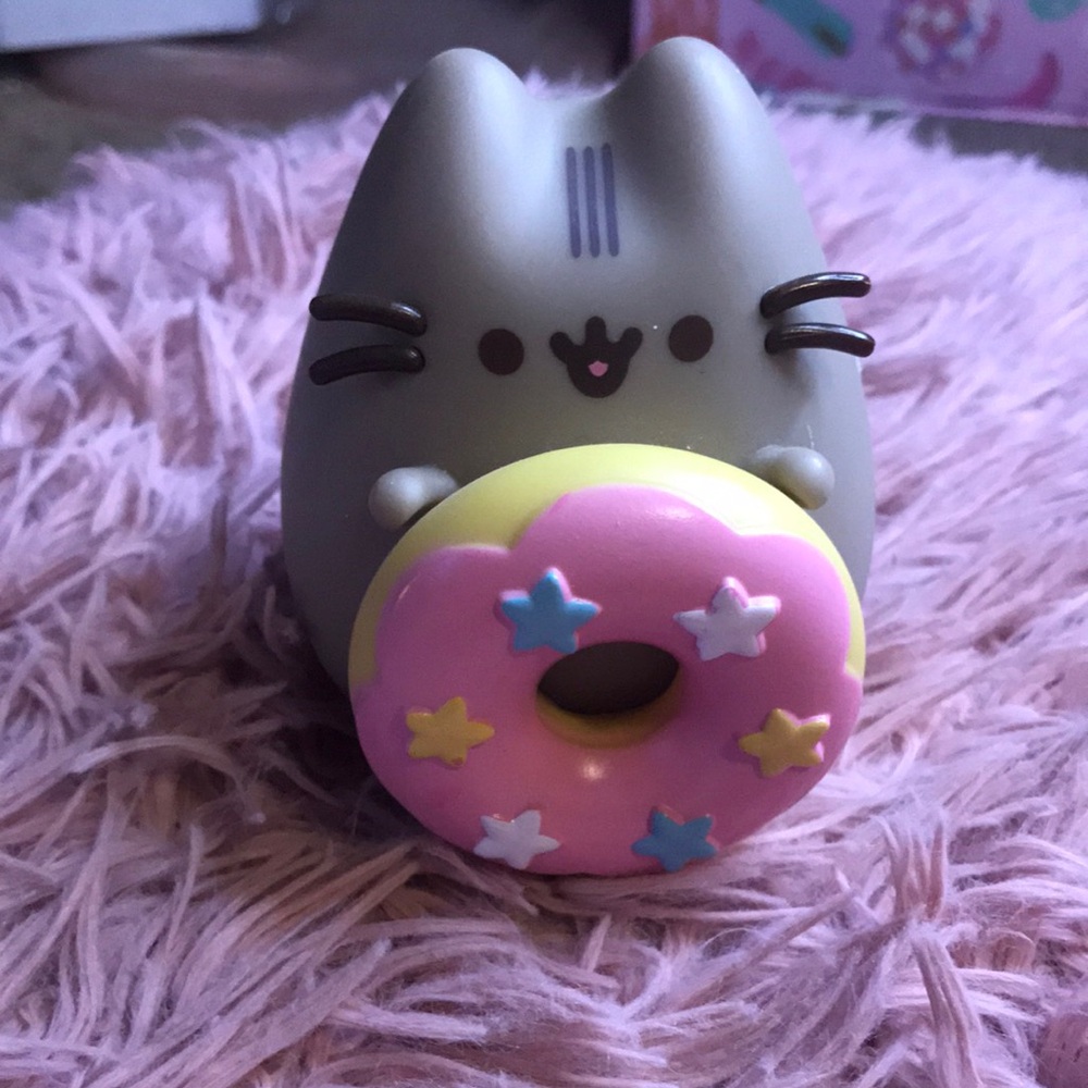 Cute Gray Cat Figurine with Donut